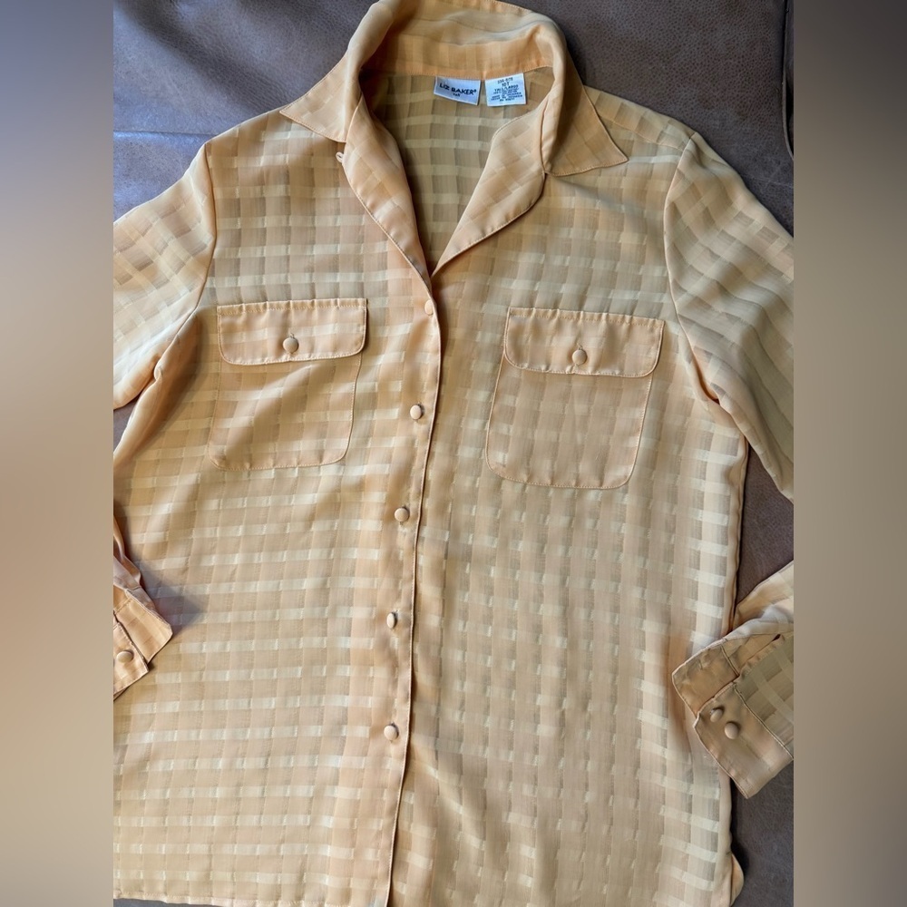Vintage Liz Baker Yellow Checkered Sheer Blouse Button Down Women’s Size 10 Tall - Picture 2 of 8